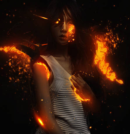 Fiery digital art of a woman engulfed in embers