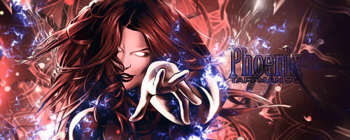 Fiery-haired phoenix warrior signature glowing with electric energy