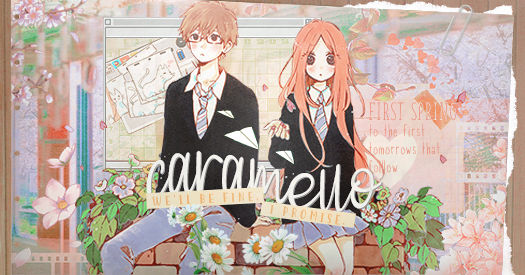 Anime couple GFX with soft floral, scrapbook-style aesthetic
