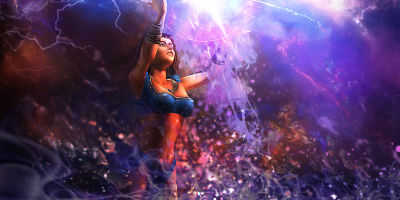 Lightning-charged woman glowing amid cosmic purple energy art