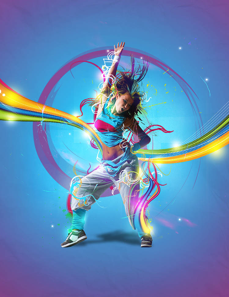Colorful dancer GFX with vibrant light-streak effects