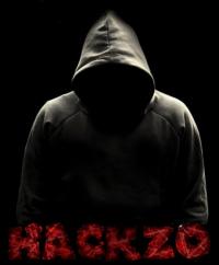 Hooded hacker silhouette with blood-red Hackzo logo