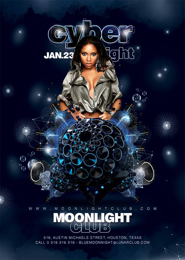 Cyber Night club flyer with sci-fi disco sphere design
