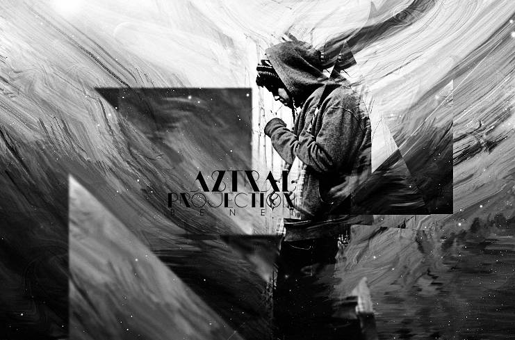 Hooded figure in monochrome abstract art with geometric overlays