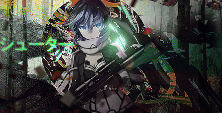 Gritty anime shooter GFX with glitch-style background effects