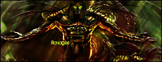 Dark demonic signature art with glowing green eyes