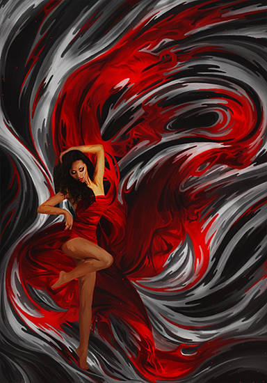 Dancer swirling through fiery red and black abstract art