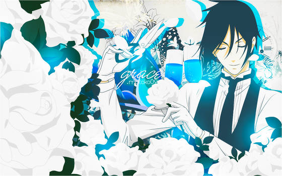 Elegant anime butler GFX with roses and blue tones
