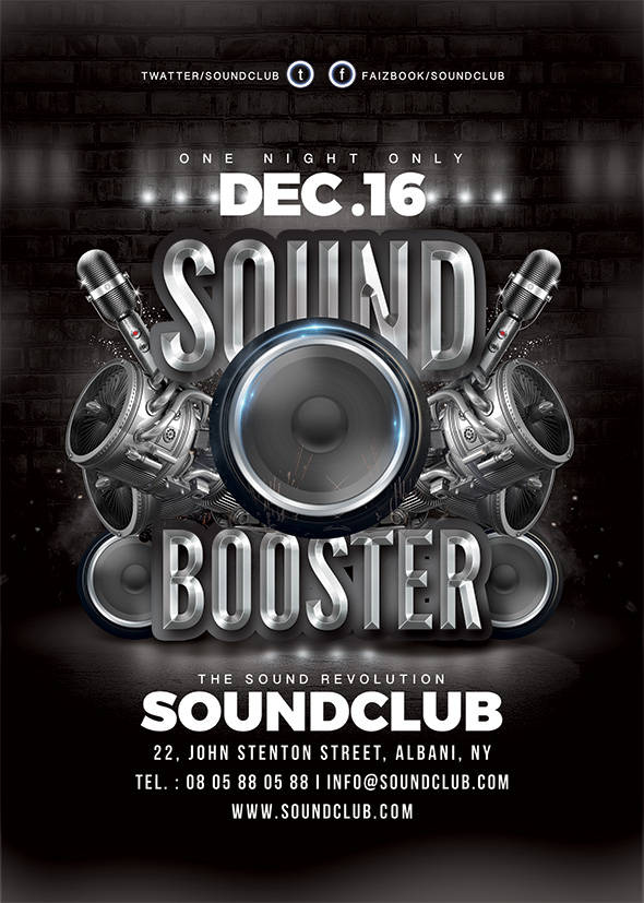 Sound Booster event flyer with speaker and mic graphics