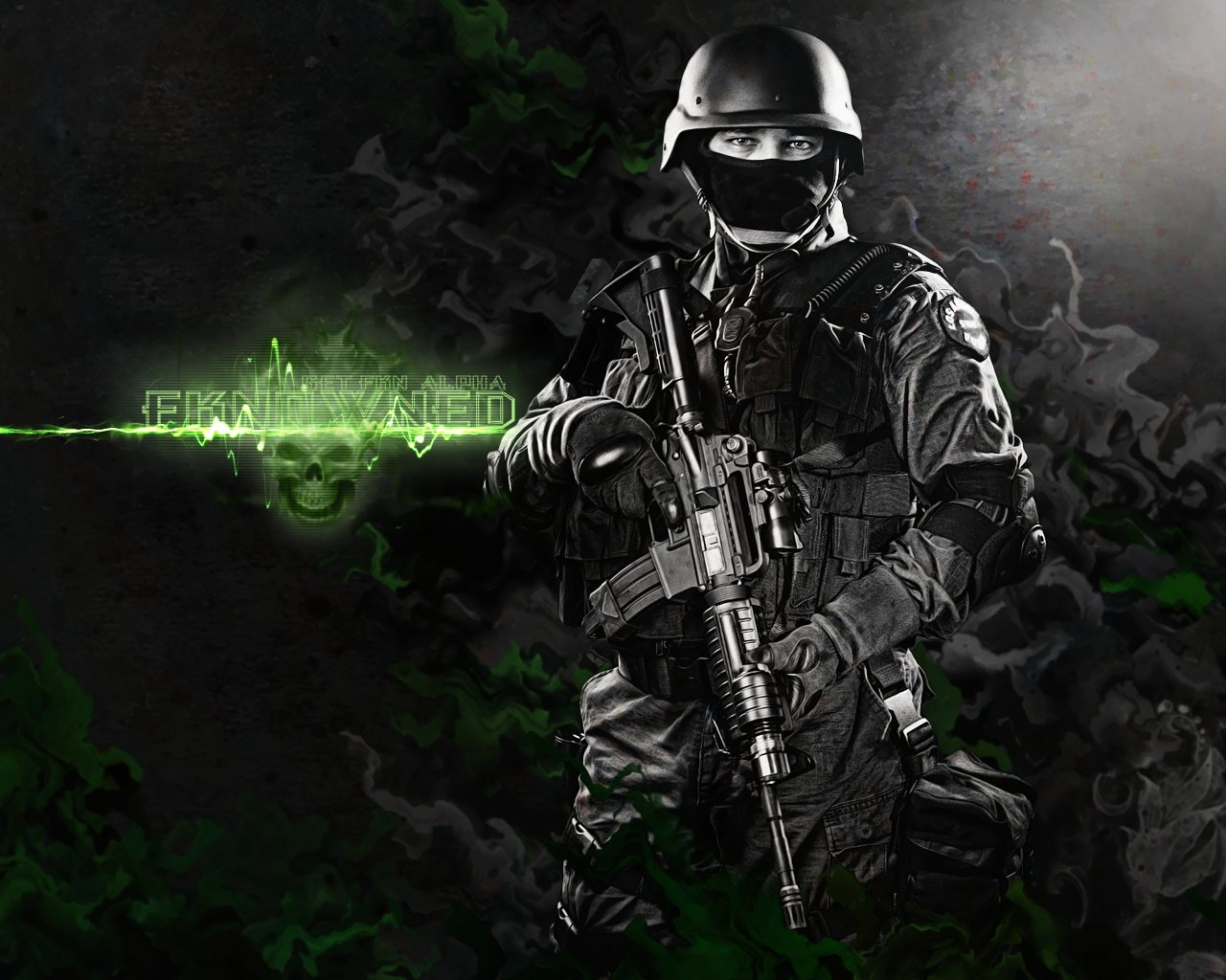 Tactical soldier wallpaper with glowing green FKN0WNED skull logo