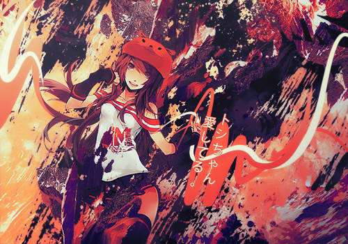 Stylized anime GFX piece with fiery red-orange splatter effects