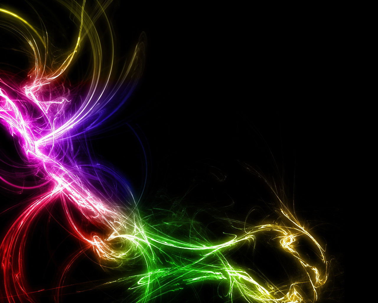 Neon fractal light streaks glowing on black background