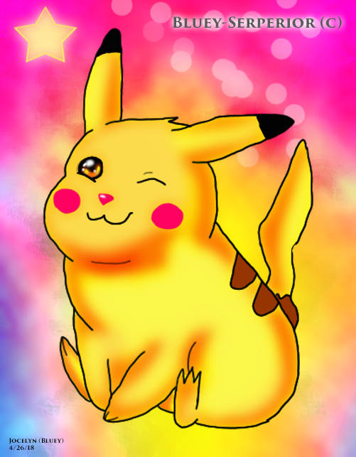 Winking Pikachu fan art on rainbow bokeh background