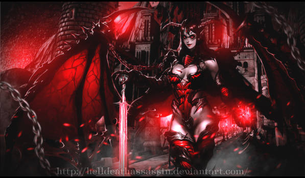 Demonic winged warrior GFX art in blood-red tones