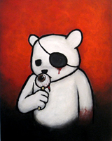 One-eyed bandaged bear, gritty red-and-black digital art