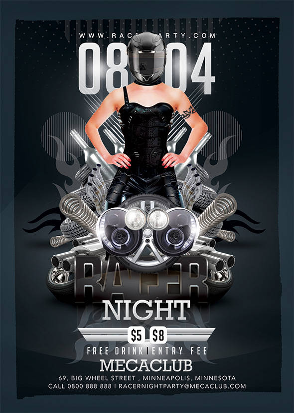 Racer Night flyer: helmet, headlights, and biker chic vibes