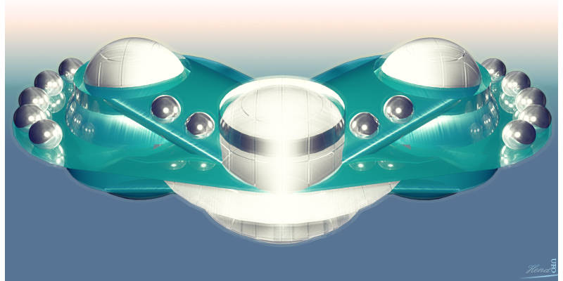 Retro 3D-render spaceship art, teal chrome spheres