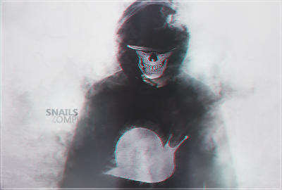 Glitchy hooded skull-mask figure with snail logo signature