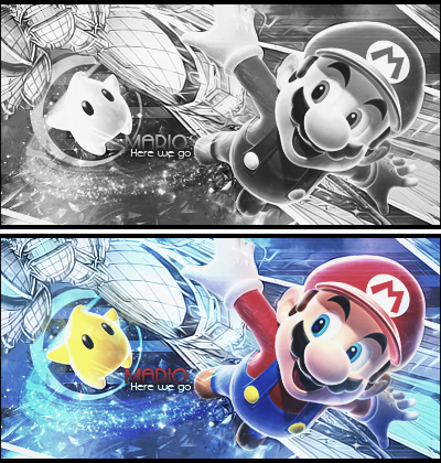 Mario mid-flight GFX, grayscale and color duo