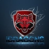 Fierce red wolf logo guarding the DRAGONS crest