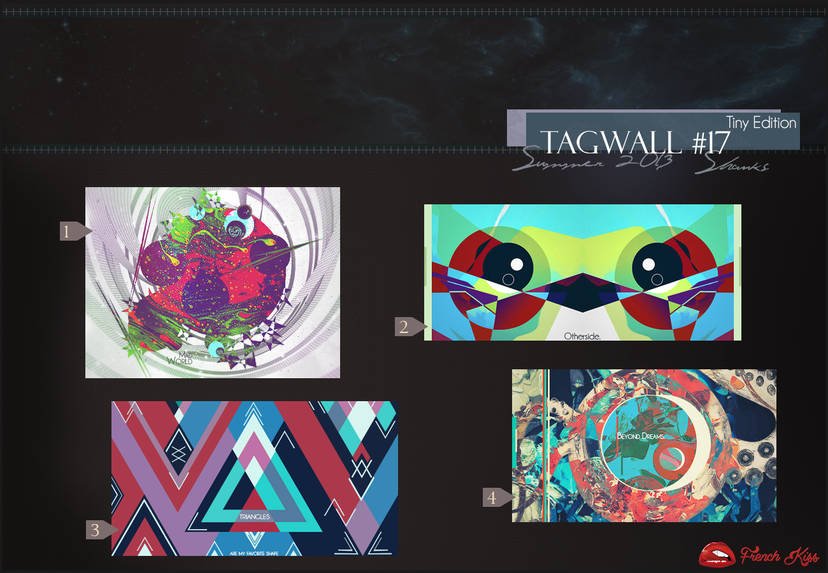 Colorful abstract GFX tagwall showcasing four digital art signatures