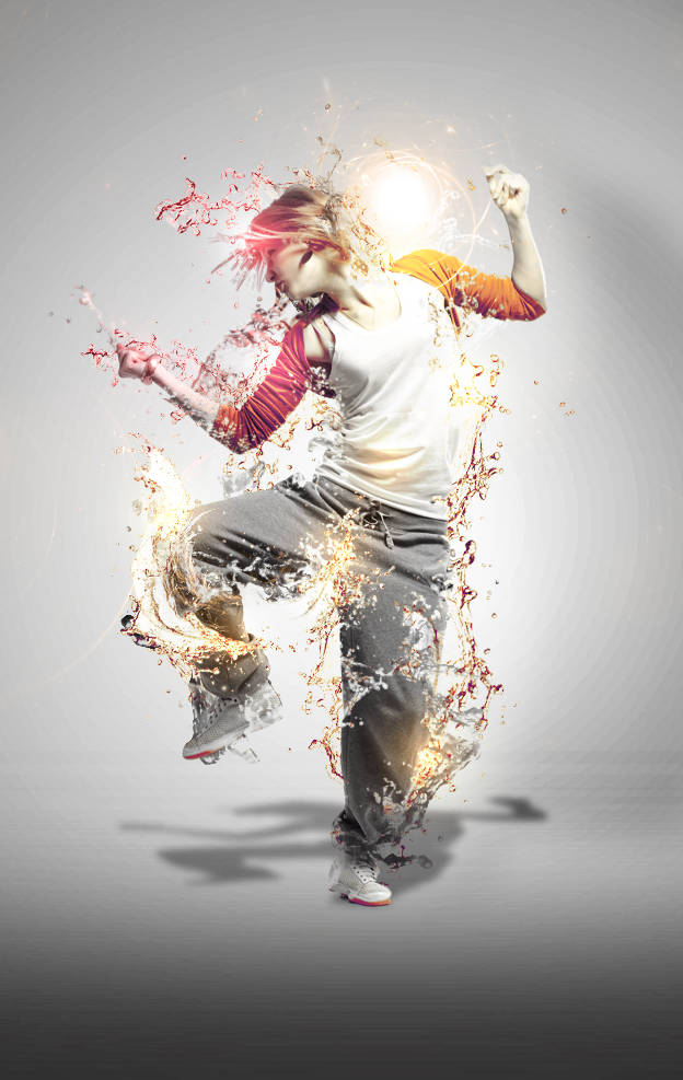 Dynamic dancer splashed with fiery water-effect GFX art