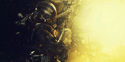 Futuristic armored figure GFX art with golden glow