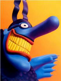 Grinning blue cartoon creature with wild yellow teeth