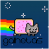 Nyan Cat rainbow-trailing across a starry sky