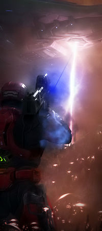 Halo-style Spartan facing a blinding energy beam