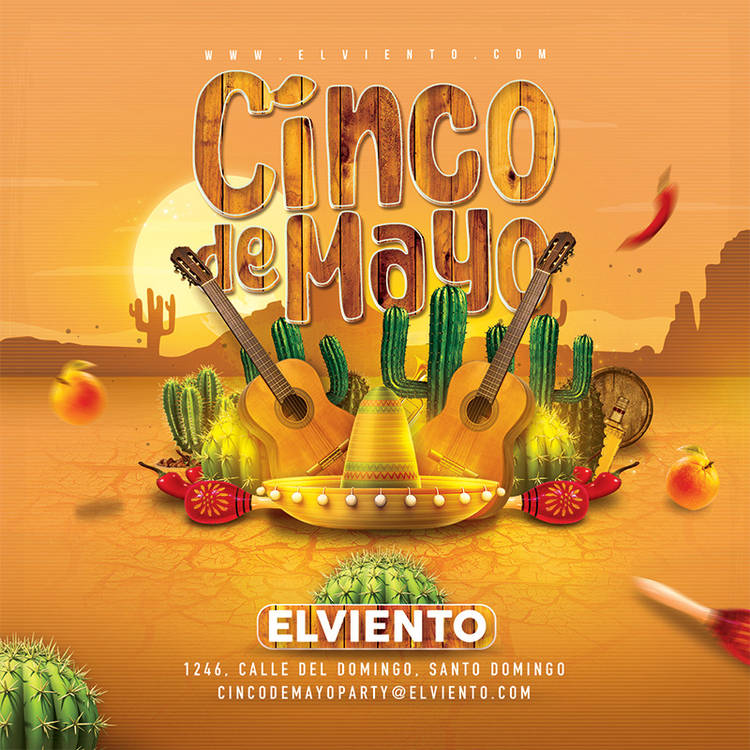 Cinco de Mayo party flyer with sombrero and guitars