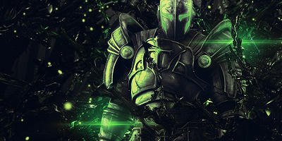 Green-glowing armored warrior signature art
