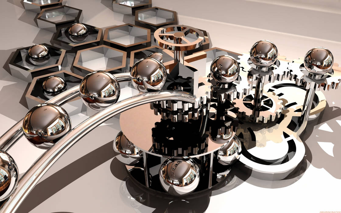 Chrome spheres and gears in a futuristic 3D render