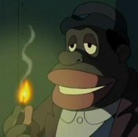 Animated character holding a lit match, smoke curling