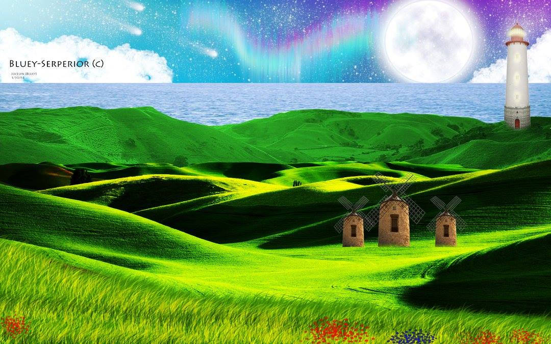 Fantasy landscape GFX with moon, lighthouse, and windmills