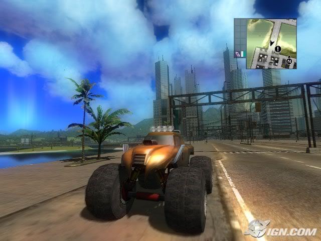 Monster truck cruising the coastal city skyline in Just Cause