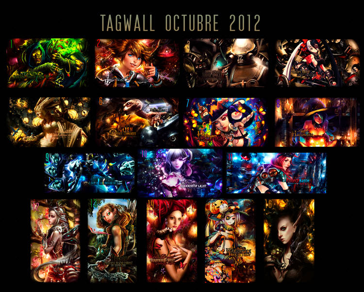 A vibrant gallery wall of digital art signatures from October 2012
