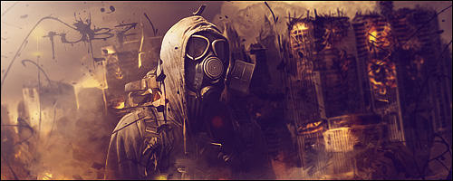 Gas-masked survivor amid apocalyptic ruins — classic forum GFX art