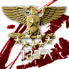 Golden eagle crest emblem with bloody streaks backdrop