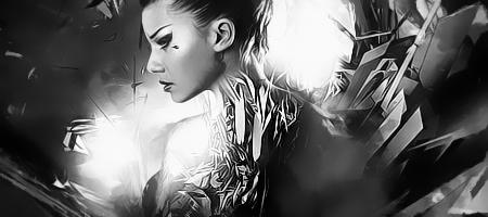 Moody grayscale portrait GFX with tribal tattoo art