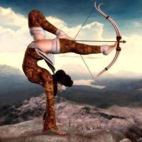 Surreal archer pose art against a mountain backdrop