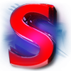 Glossy red letter 'S' logo with blue accents