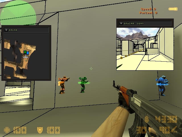 Counter-Strike hack menu with radar and spycam overlays