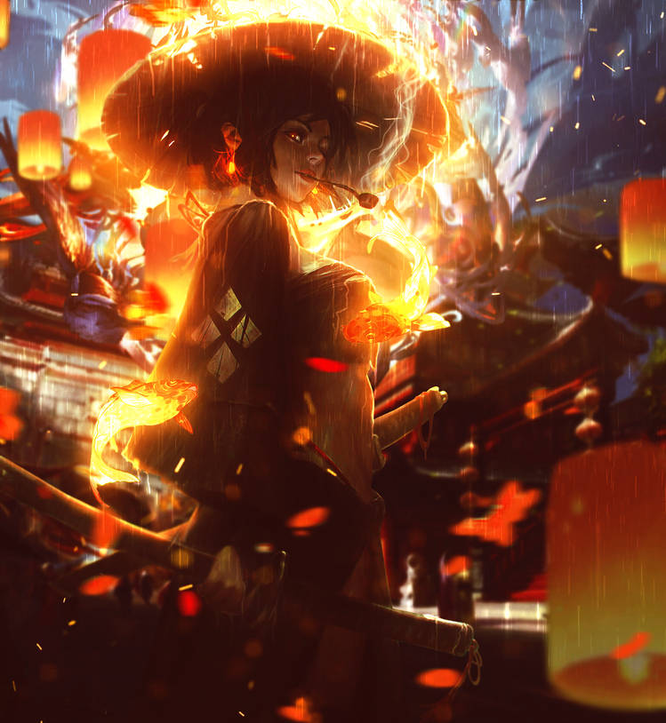 Fiery lantern spirit glowing in the rain-soaked night