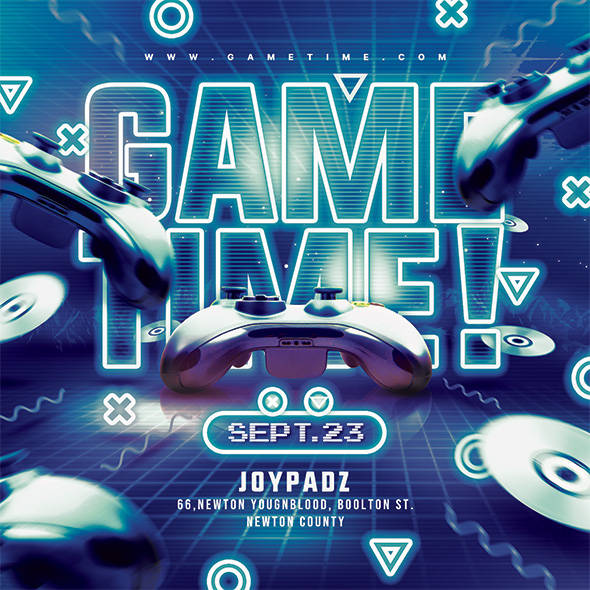 Retro gaming flyer with neon controllers and bold type