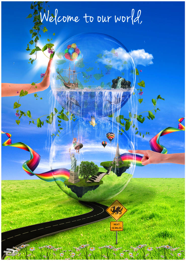 Whimsical hourglass world GFX with rainbow ribbons and landmarks