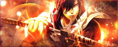 Fiery anime samurai GFX signature with glowing sword