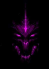 Glowing purple demon face emerging from darkness
