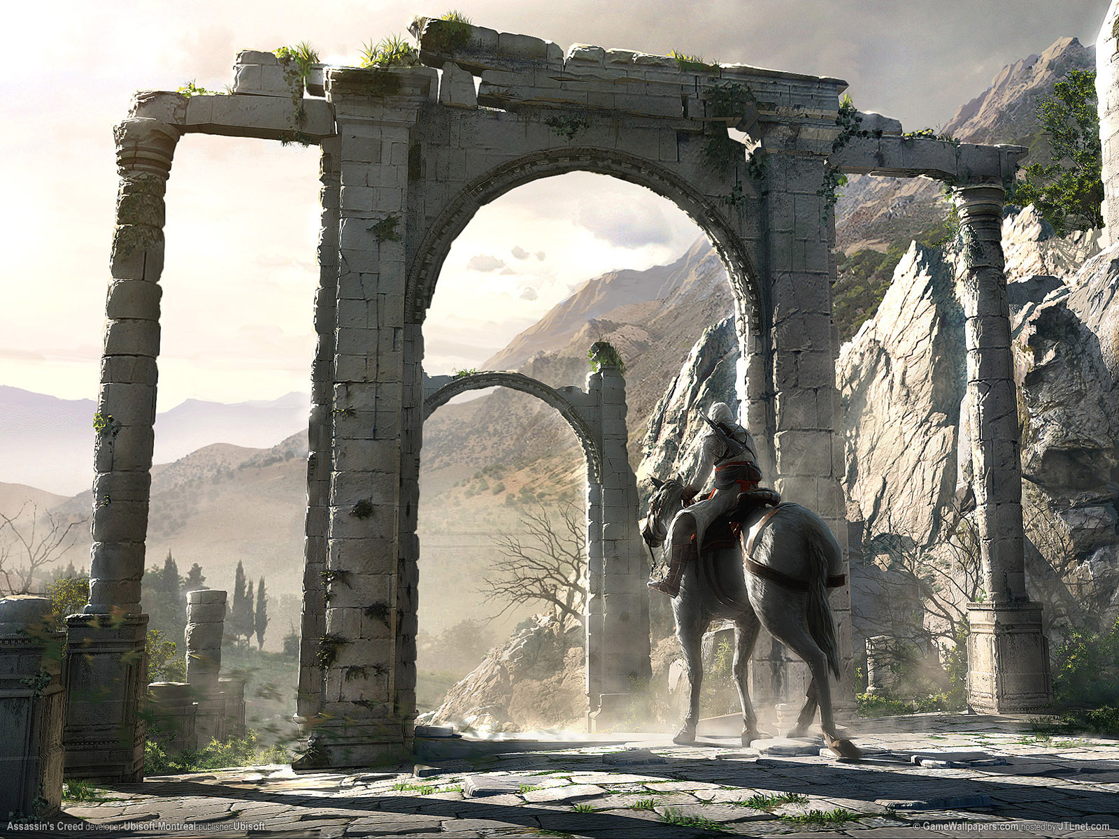 Assassin's Creed rider approaching ancient ruined archway