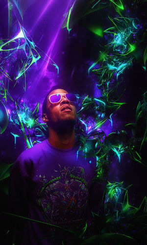 Neon abstract portrait glowing with electric purple-green energy